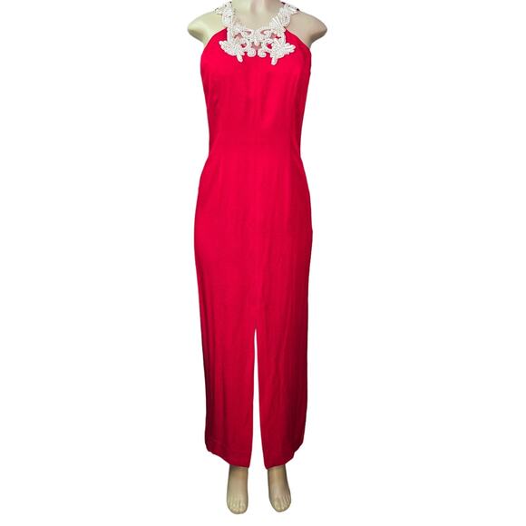 Galleria Dress Evening Gown Prom Womens 7 8 Vintage Pearl Halter Open Back Slit - Picture 1 of 16